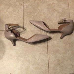 Clark’s pointed toe with kitten heels, strap around ankle